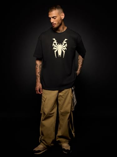 Image of The Souled Store Official Marvel: Spider x Venom Oversized T-Shirt for Men Boys Cotton Casual Half Sleeves Baggy Loose Fit Drop Shoulder Round Neck Black