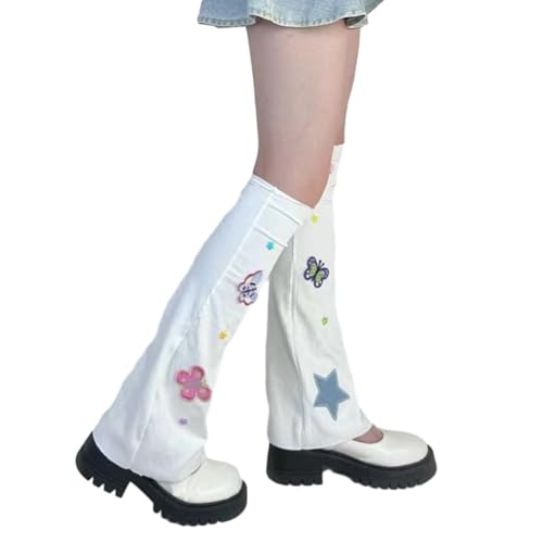 Women Ribbed Flared Leg Warmer Colorful Butterfly Star Patches Girl Leg Slouch Long Socks