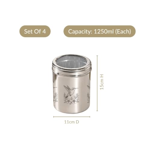 Image of Nestasia Stainless Steel Jars with Lid Set of 4 (1.25L Each) - Airtight & Rust-Resistant Container for Kitchen Storage | Top Window Dabba with Etched Bird Design - Ideal for Snacks, Cookies & Pulses