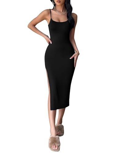 Image of Aahwan Black Solid Bodycon Midi Side Split Thigh Dress for Women's & Girl's