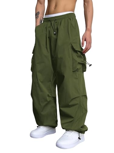 ZAFUL Flat Pocket Parachute Pants for Men Causal Baggy Cargo Pants Unisex Street Y2K Pants Drawstring Trousers Deep Green M