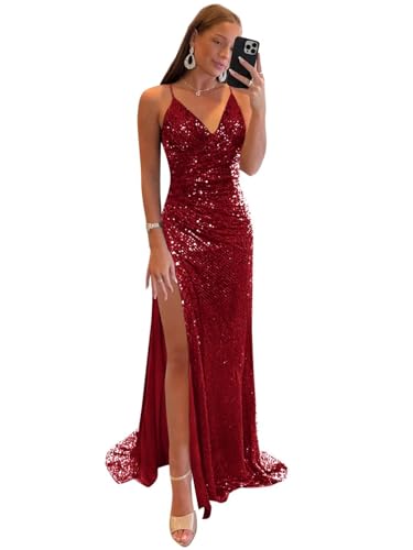 BOLENSYE Sequin Prom Dresses Mermaid Formal Gown Spaghetti Strap V Neck Sparkly Evening Party Dress with Slit4