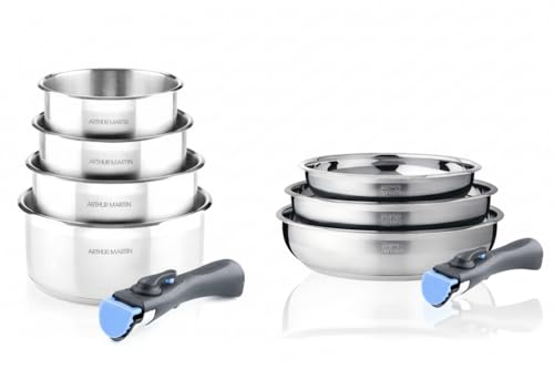 ARTHUR MARTIN - Batterie De Cuisine Inox 9 Pièces - 5 Casseroles Ø Variés - 2 Manches Amovibles...