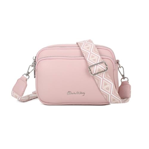 Bolso bandolera mujer pequeño de cuero PU tres compartimentos y dos bandoleras, bolso mensajero para cruzar polipiel regalo original para mujer (Rosa)