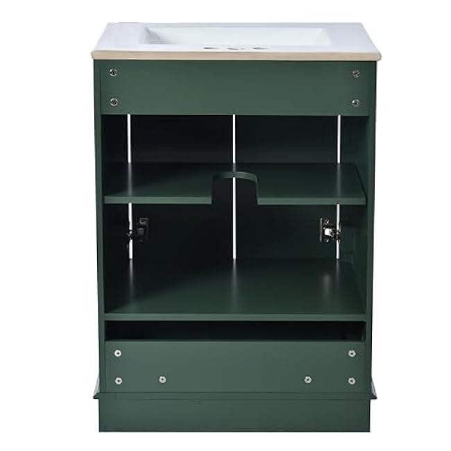 24 Modern Green Bathroom Vanity with 2 Doors & 2 Drawers, Freestanding, Soft Close Doors, Ceramic Sink