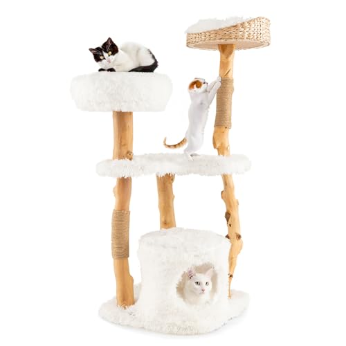 Tangkula Cat Tree Tower Solid Wood Modern Cat Tower with Top Cattail Basket Bed Side Perch Large Platform & Condo Cute Cat Tree with Scratching Posts for Indoor Cats Large Adult