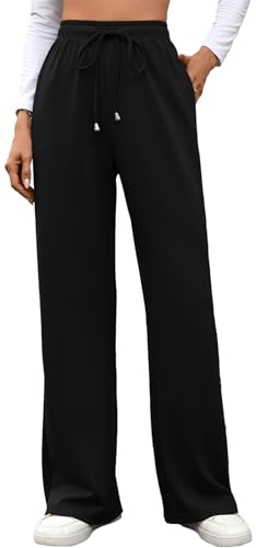 MEDUOLA Pantalones Mujer Deportivos Casuales con cordón Elegantes de Pierna Ancha y Recta y Bolsillos Suaves Ligeros Pantalón para Correr en Primavera y otoño M,Negro