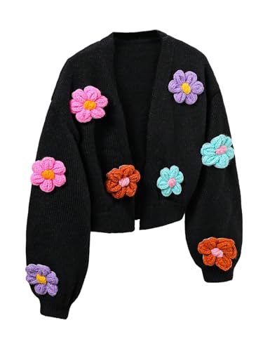 Girl's 3D Floral Cardigan Sweater Cute Long Sleeve Open Front Knit Fall Lightweight Knit Tops