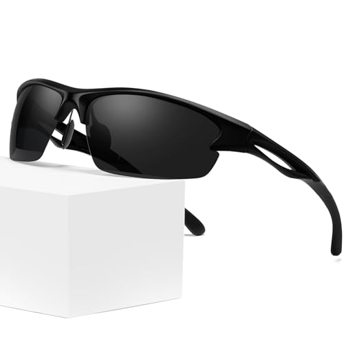 KANASTAL Gafas de Sol Hombre Negras Polarizadas Deportivas Mujer Curvas Envolventes Medio Marco Deporte Ciclismo Conducir Correr Protección UV400 - Mate Negras