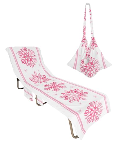 Pink Snowflake Christmas Beach Lounge Chair Towel Cover, Soft Chaise Lounge Towel with Side Pockets Patio Pool Chairs Cover for Beach/Pool Sunbathing 29x85 Xmas Winter Snowflake Pink Striped