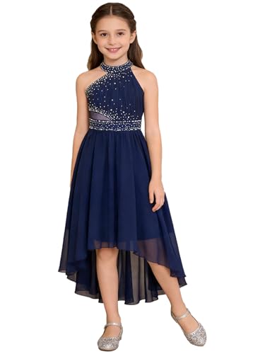 Miaeowve Enfant Fille Robe Soirée Princesse à Strass Brillant Asymétrique Robe Demoiselle Honneur Mariage Cérémonie Robes de Fête Bal 5-16 Ans Bleu...