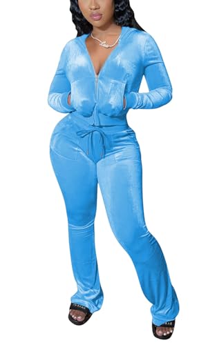 GLIENST Womens Velvet Sets 2 Piece Outfits Outfits Long Sleeve Zip Up Crop Tops Jogging Hooded Plus Size Sweatshirts With Pockets Sky Blue XX-Large