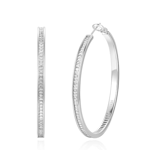Image of VEEDOFA Large 925 Sterling Silver Rhinestone Hoops Earrings for Women Thick Diamond Hoop Earrings for Women