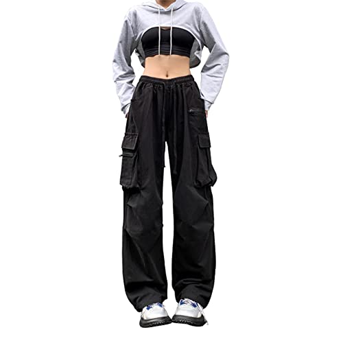 Linsennia Parachute Pants for Womens Wide Leg Cargo Pants Y2k with Pockets Baggy Casual Harajuku Streetwear Goth