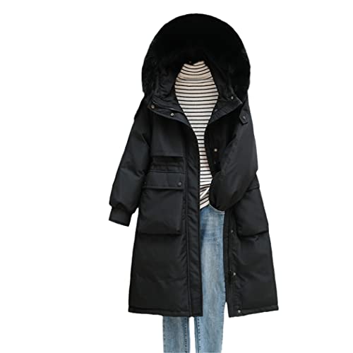 Doudoune d'hiver femme col en fourrure noire et veste chaude en duvet de canard