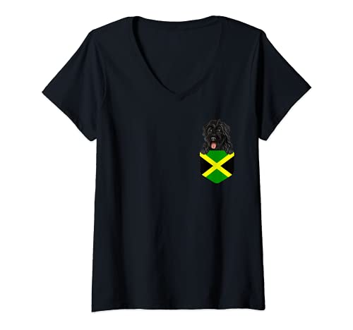 Womens Jamaica Flag Bouvier des Flandres Dog In Pocket V-Neck T-Shirt, Black