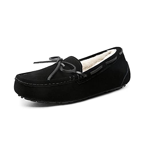 DREAM PAIRS Women's Auzy-02 House Slippers Indoor Outdoor Moccasin Fuzzy Fluffy Furry Loafers Suede Leather Warm Shoes Size 8.5-9, Black