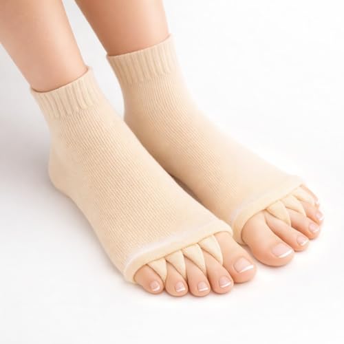 Image of Foot Alignment Orthopedic Cotton Socks for Men & Women | Five Toe Separator | Foot Pain Relief | Bunion Corrector | Plantar Fasciitis Support | Improves Posture & Flexibility | Free Size | Beige | 1 Pair