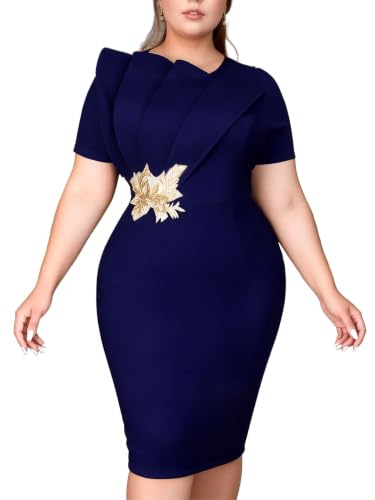 Image of ONTINVA Irregular Business Dress for Women's Outfits Crew Neck Peplum Tops Floral Applique Formal Pencil Dresses