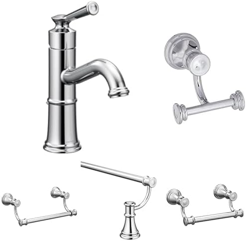 Moen Belfield Chrome Bathroom Set - One-Handle Sink Faucet 6402, Double Robe Hook, Toilet Paper Holder, 24-Inch Towel Bar & 9-Inch Hand Towel Bar