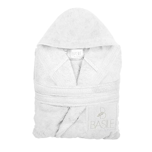 Basile Milano, ACCAPPATOIO CON CAPPUCCIO E TASCHINO RICAMATO IN SPUGNA DI PURO COTONE, TAGLIA S/M, BIANCO