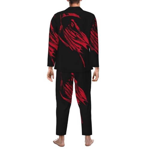Red Grim Reaper Mens Pajamas Set Button Down Sleepwear Set Long Sleeve Loungewear With Pockets2