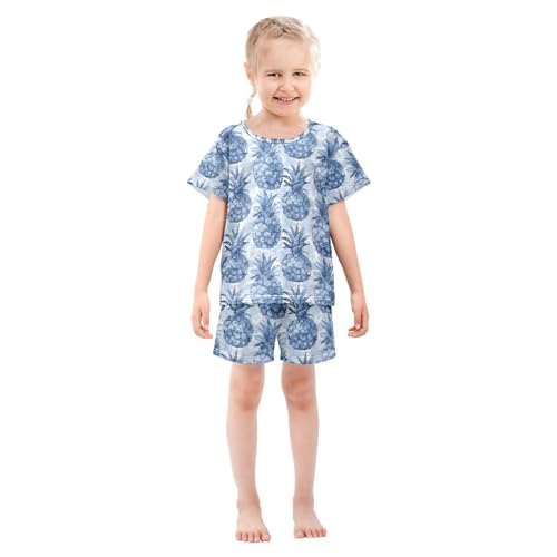 ALAZA Blue Watercolor Pineapple Pajamas Set Short Sleeve Cotton Sleepwear Summer Pjs 2 Piece 5-14Y3
