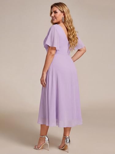 Image of Ever-Pretty Plus Summer Short Sleeves V-Neck Formal Wedding Guest Dresses for Curvy Women Chiffon Midi Cocktail Party Dress Frosted Lilac US18