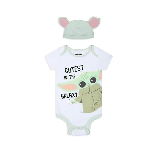 Star Wars The Mandalorian Baby Yoda Boys’ Short Sleeve Bodysuit and Cap Set for Newborn and Infant – White/Green