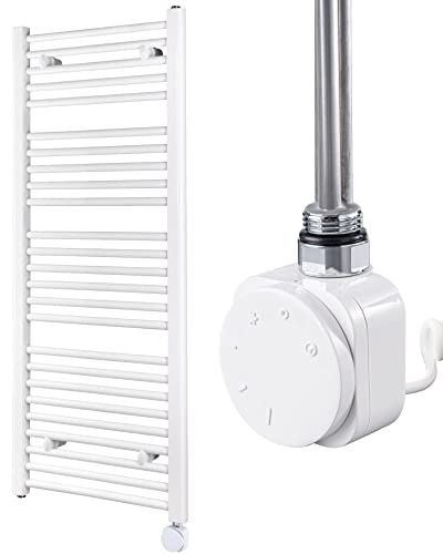 HEATSUPPLY® Handtuchheizkörper elektrisch weiß 1142 x 500mm - Badheizkörper elektrisch mit Thermostat inkl. 600 Watt Heizstab No. 5 mit Timer Cover