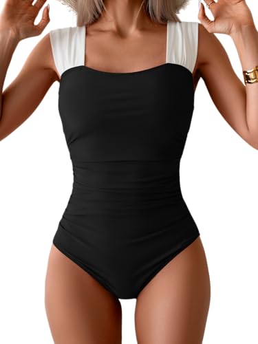 B2prity Womens One Piece Swimsuit Retro Square Neck Tummy Control Bathing Suits Ruched Modest Full Coverage Swimwear Black,White