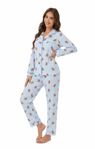 Image of LUBOT Christmas Pajamas for Women 100% Cotton Pajama 2 Piece PJ Set Soft Long Sleeve Button Xmas Print Loungewear XS-XXL