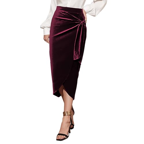 Women Ruched Pencil Skirt High Waist Wrap Tie Front Asymmetrical Casual Elegant Long Maxi Skirts Bodycon with Slit