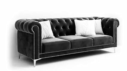 Image of Modern Classic 4 Seater Velvet Button Tufted 3+1+1Footrest Chesterfield Sofa for Living Room and Office (Pillows Not Included) (Black)