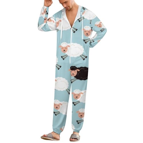TVUGHGI Cheerful Flock Sheep Onesie Pajama for Unisex Adult Long Sleeve Fashion One-Piece Costume Hooded Zip Up Homewears 3XL