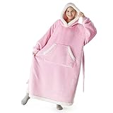Bedsure Wearable Blanket Hoodie for Teen Girl Gifts- Long-Length Hooded Blanket Sweatshirt with Side Split and Belt, Warm Sherpa Fleece Sweater Blanket Jacket, Pink