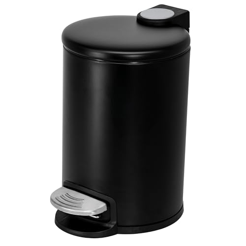 ACENTO 0.65 Gallon / 3 Liter Mini Waste Bin, Round Trash Can with Soft Close Lid & Step Foot Pedal, Garbage Can for Bedroom, Bathroom, Office, Matte Black