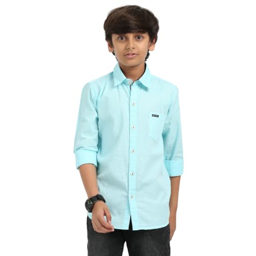 Image of ROCKET SCIENCE Boys Single Pocket Shirt | Regular Fit, Spread Collar, Full Sleeves, 100% Cotton Linen Fabric Royal Blue