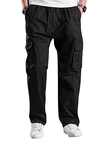 Men's Lightweight Pull on Casual Pants Cotton Full Elastic Waist Cargo Work Chef Lounge Pant Black 36