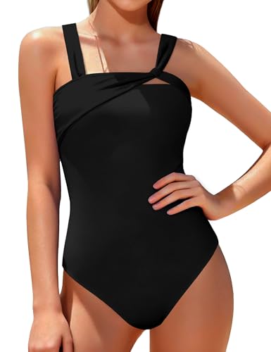 Image of BAVADER Girls Swimsuit One Piece Modest Girls Bathing Suit Solid Square Neck Ruched Adjustable Straps Padded Swimwear 9-16y