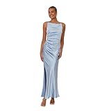 INSPOK Damen Elegantes Lange Ballkleid aus Satin, A Linie, Neckholder Spaghetti Träger, Prinzessin Brautjungferkleid & Abendkleid(Blau, S)