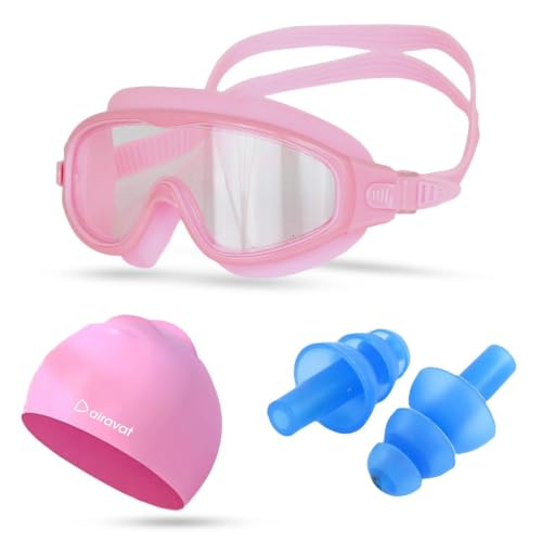 Image of AIRAVAT Macho swimming goggles for Kids Children Teens, polycarbonate goggles, Anti-Fog, Anti-UV, Wide View Swimming Goggles, Free size (Pink Combo)