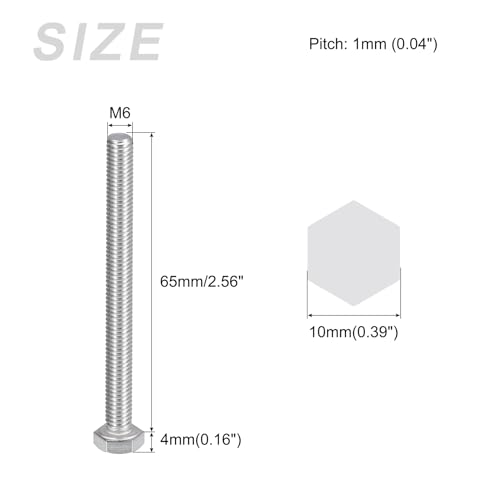 Image of METALLIXITY Hex Bolts (M6-1x65mm) 5Pcs, 304 Stainless Steel Coarse Fully Threaded Hex Head Screw Bolt Machine Screws - for Furniture Repair, Silver