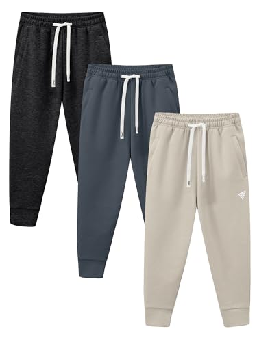 HIBETY 3 Pack Jungen Jugend Kinder Athletik Hose Feuchtigkeit-Wicking atmungsaktive Baumwolle Sweathosen mit elastischer Schnüre Carbon schwarz/Dunkelgrau/Khaki 3P03-M