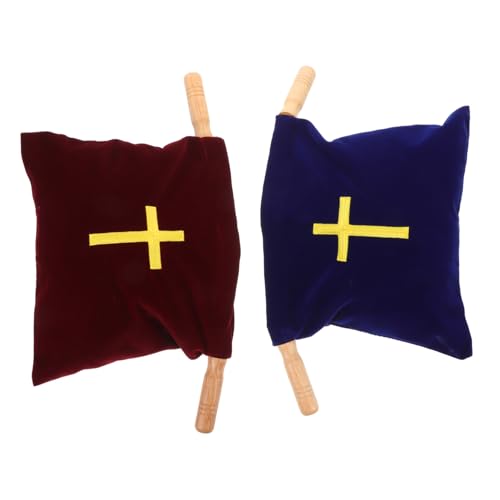 FUNOMOCYA 2個教会奉献袋 木製ハンドル付き 聖餐用クロス刺繍入り ベルベット素材 バプテスマ 聖体拝領に 宗教行事用コレクションポーチ