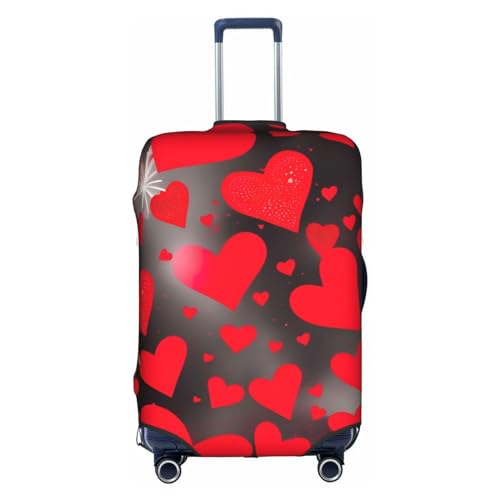 Red Hearts Firework Print Travel Luggage Cover Suitcase Protector With Concealed Zipper Washable Elastic Cloth