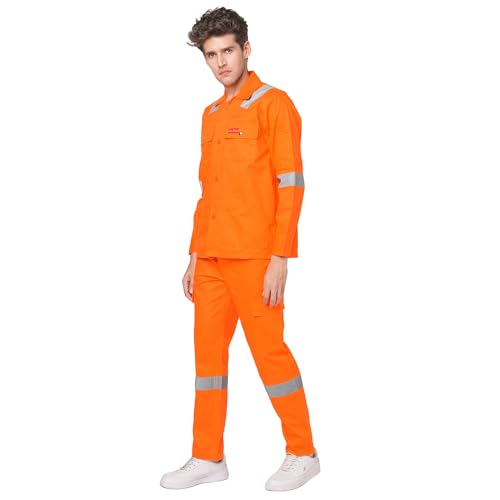 Image of Men's 100% Cotton Industrial Workwear Jacket & Pant Set with Reflective Tape, OEKOTEX, 200 GSM.