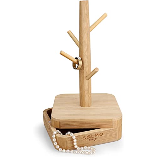 sølmo I Design porte-bijoux en bambou - durable et naturel - rangement pour bijoux, arbre à bijoux, porte-chaîne, organisateur de bijoux, porte-bijoux 2 en 1 avec boîte Cover