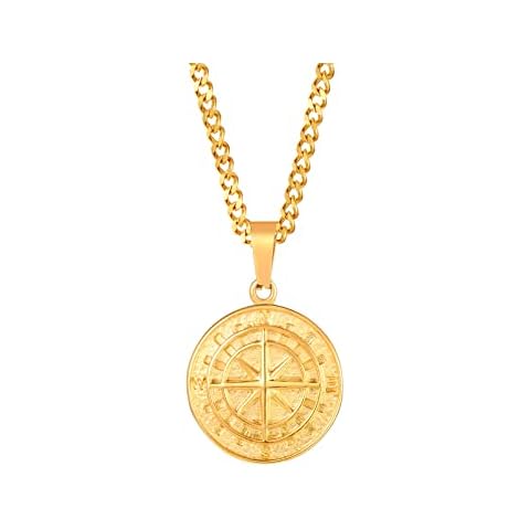 HIJONES Mens Stainless Steel Compass Necklace Round Nautical Inspirational Pendant with Chain Necklace Gold Curb Chain Cover