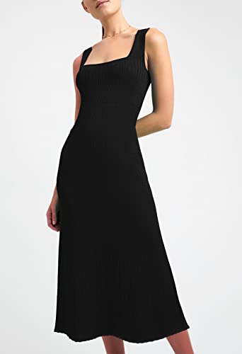 Duigluw Tank Midi Dress Women Ribbed Knit Sleeveless Square Neck Empire Waist Pleated Bodycon Dresses Black Xl #TOP2
